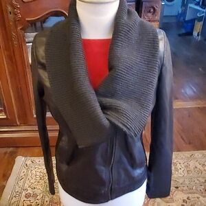 Black Leather Jacket with Charcoal Cashmere blend Collar